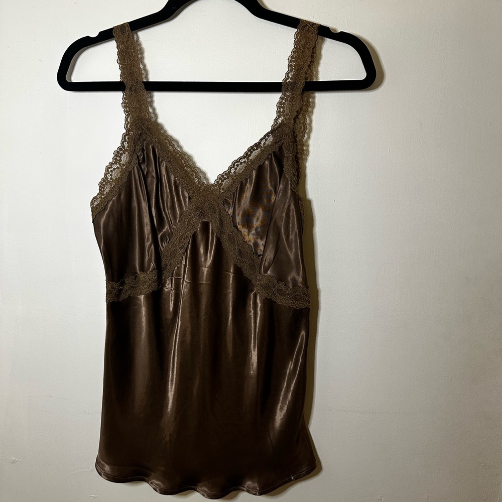 Lace Trim Satin Camisole - Brown